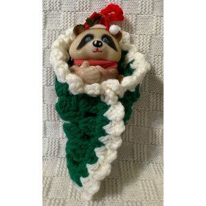 VTG Flocked Christmas Raccoon in Handmade Crochet Pouch in Red, Green & White